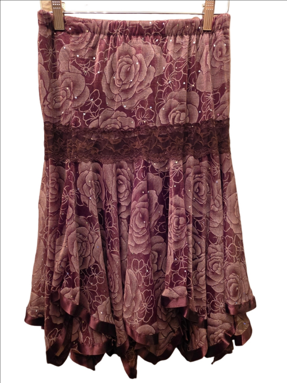 Y2K Style Floral Handkerchief Skirt Rose Lace Rhinestone Fairy Midi F